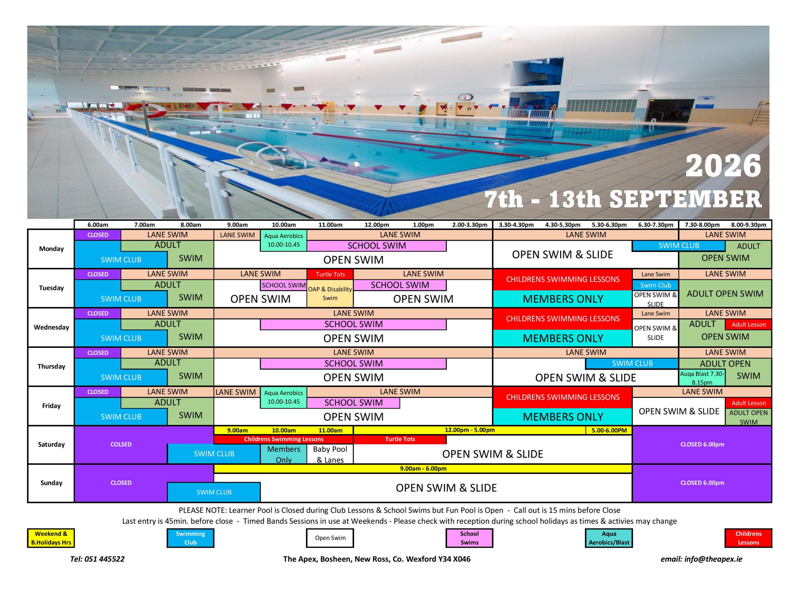 Pool Timetable 7th - 13th Sept 26