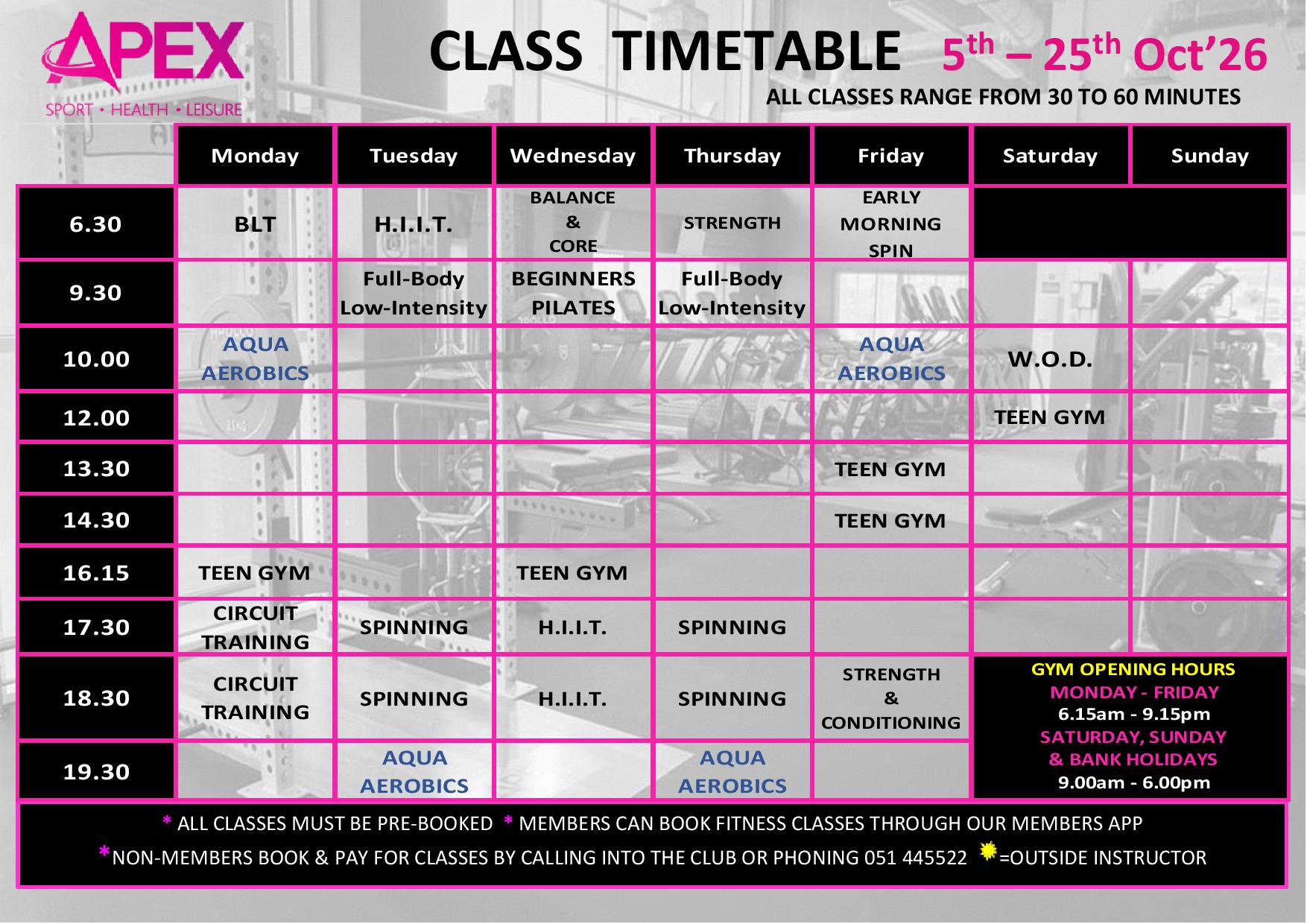 CLASS TIMETABLE 5th -25th Oct 26