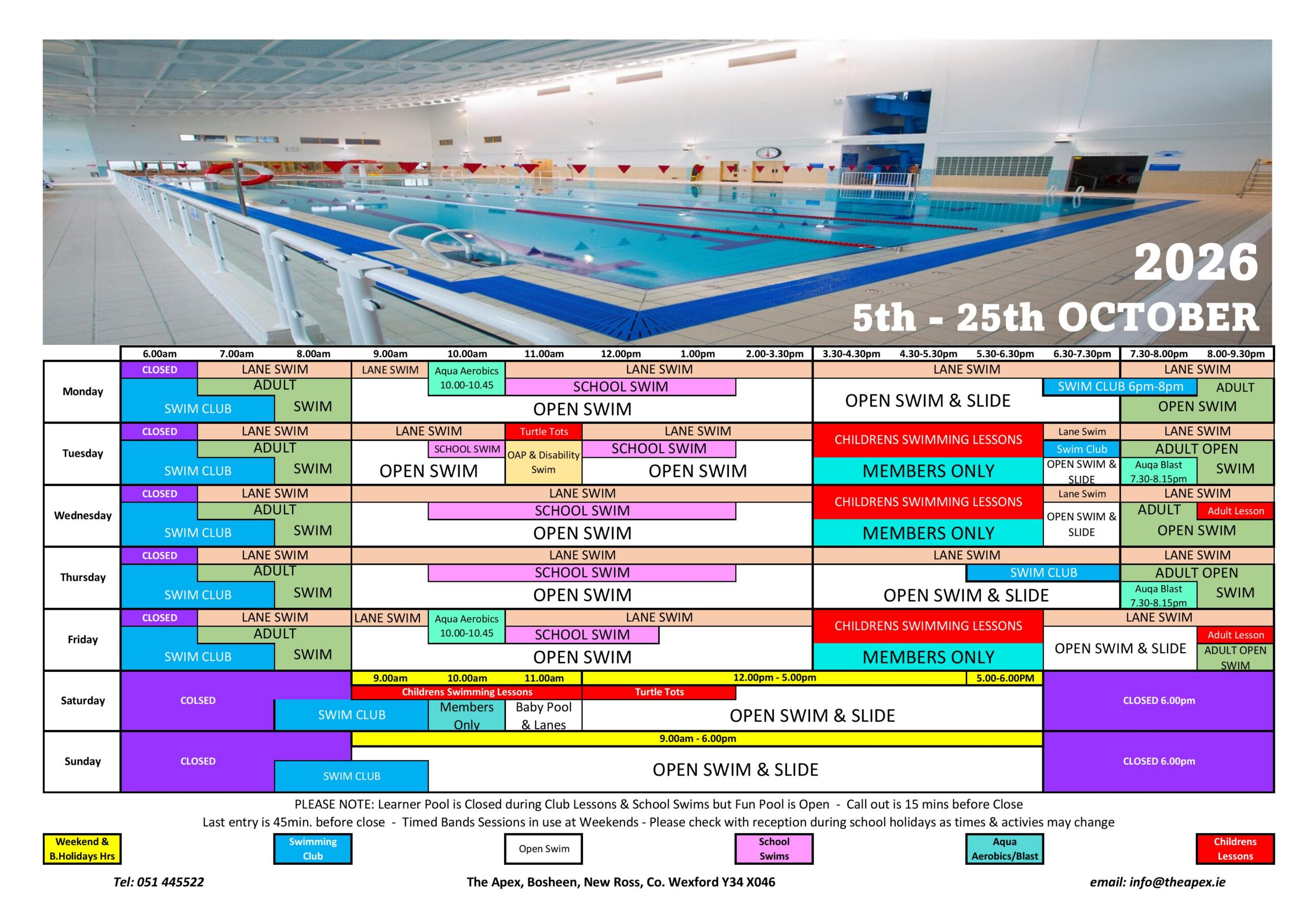 Pool Timetable 5th - 25th Oct 26
